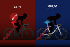 Comparison of a bicycle with 'Gusto Damping System' and 'Others' on a red and blue background.