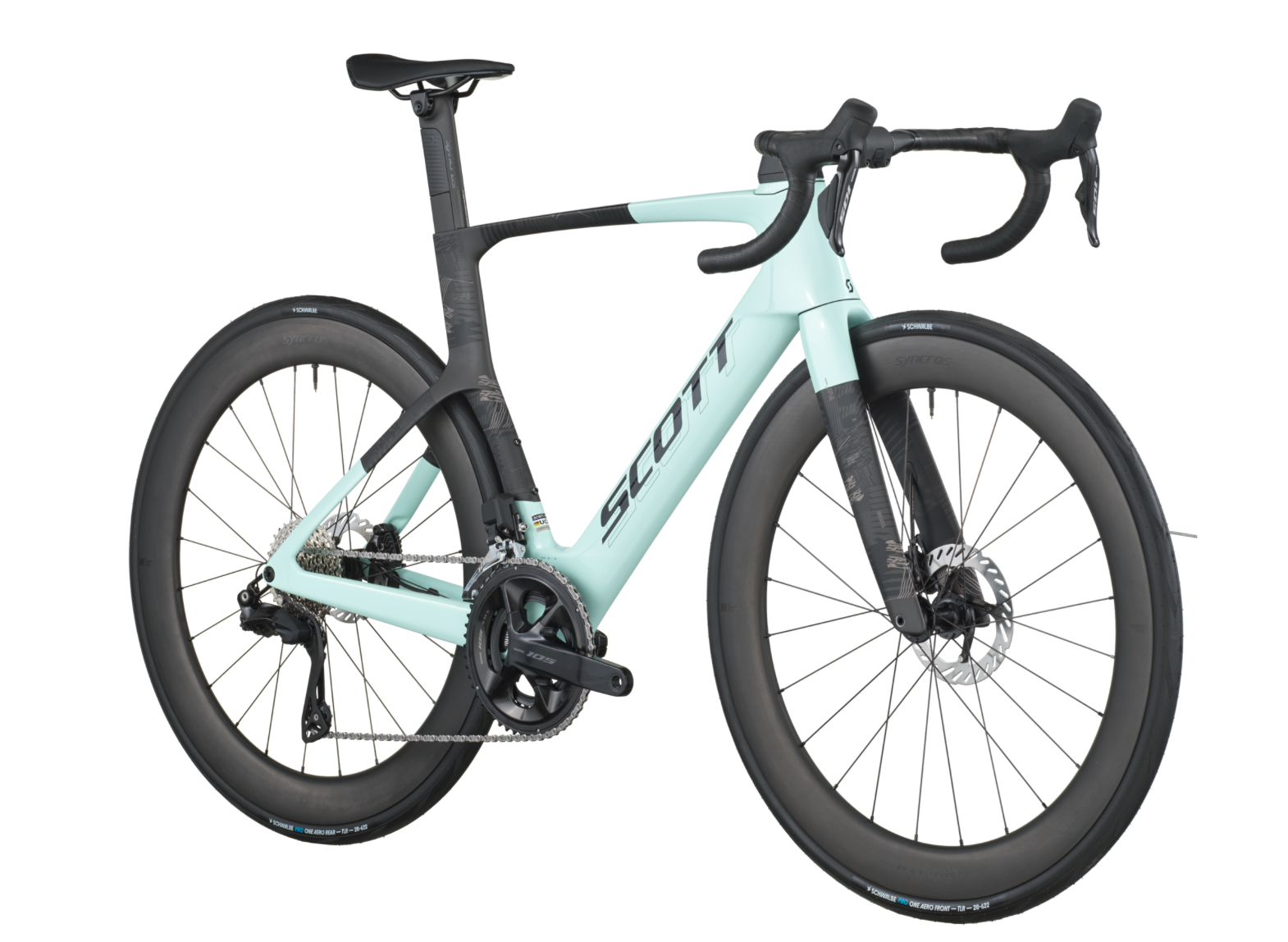 Light blue bicycle with black components on a white background
